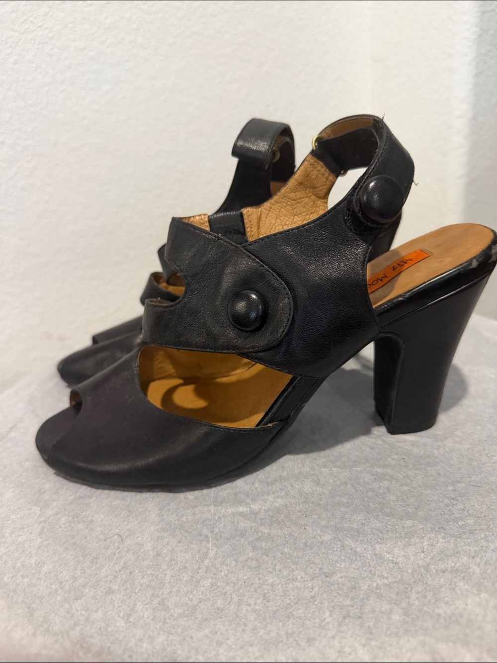 Miz Mooz Sapphire Black Leather Open-Toe Heels with Button Accent